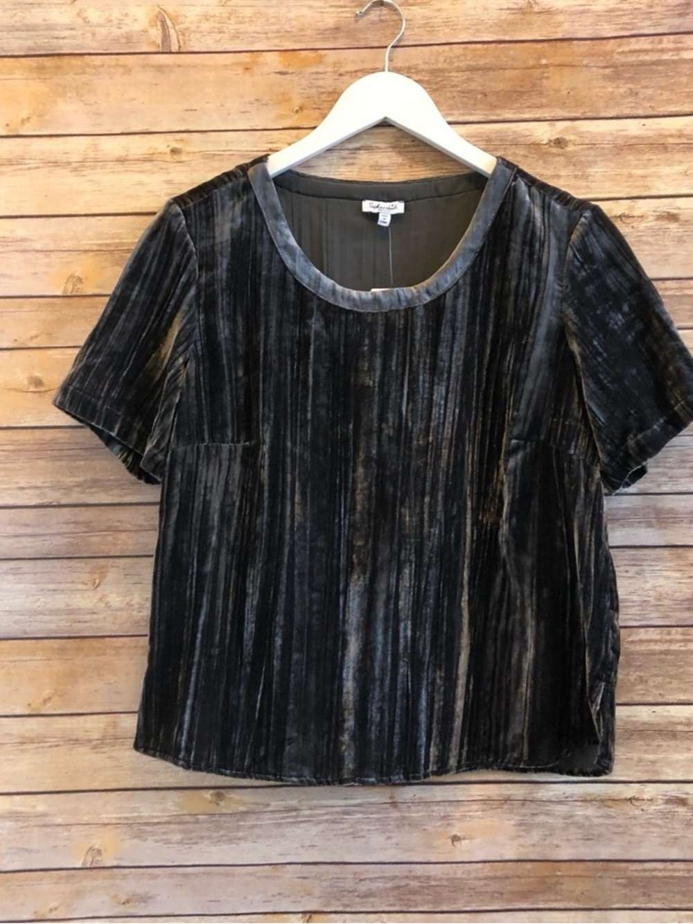Eileen Fisher Black Crushed Velvet Short Sleeve Scoop Top